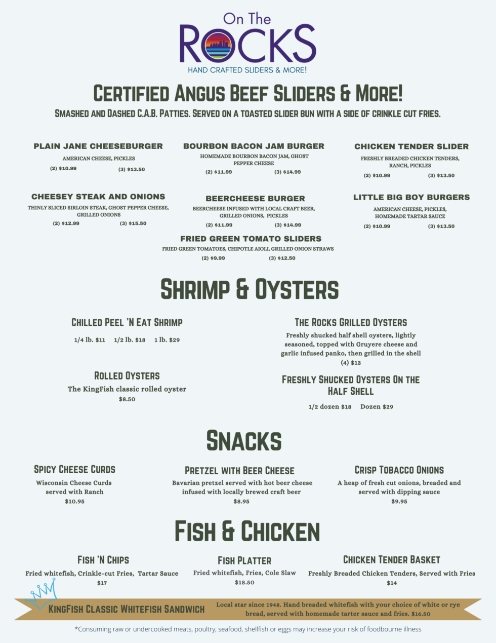 On Da Rocks Menu On The Rocks Patio Bar | KingFish Restaurants
